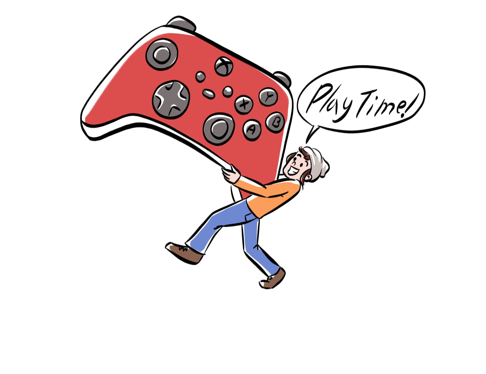 Illustrated character hoisting a giant game controller, shouting 'Play Time!'